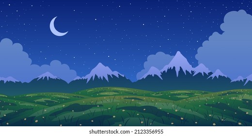 Spring vector landscape. Mountains and flowering meadow at starry night. Abstract flat illustration.