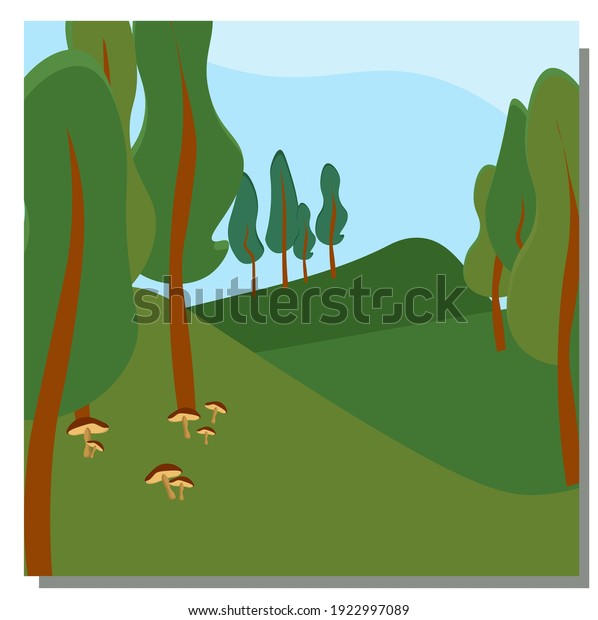 Spring vector landscape. Landscape with\
mountains and trees. Mushrooms in the forest. Hills. Blue summer\
sky. Vector\
illustration.