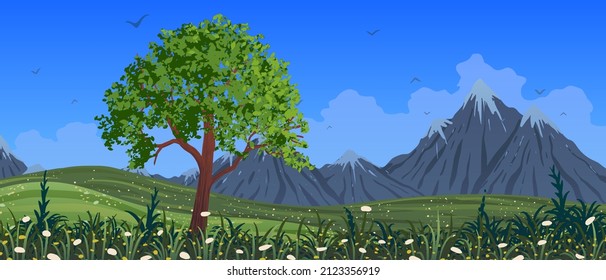 Spring vector landscape. Tree among mountains and flowering meadow.