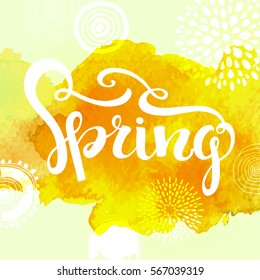 "Spring" vector lettering. Abstract hand drawn watercolor gold background, vector illustration. composition for invitation and greeting card