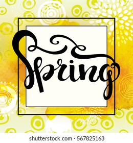 "Spring" vector lettering. Abstract hand drawn watercolor gold background, vector illustration. Watercolor composition for invitation and greeting card