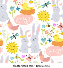 Spring vector natural floral blossom gardening beauty design and nature grass season branch springtime hand drawn seamless pattern background illustration
