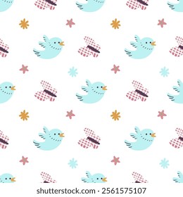 Spring vector pattern of birds and flowers on a white background. The birds are blue and have a checkered hat on their head. The flowers are pink and yellow. Scene is cheerful and playful 