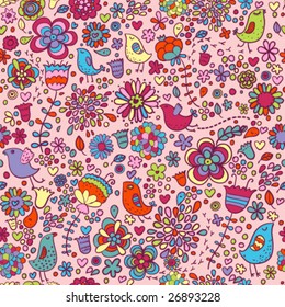 Spring vector pattern with colorful flowers and birds on it