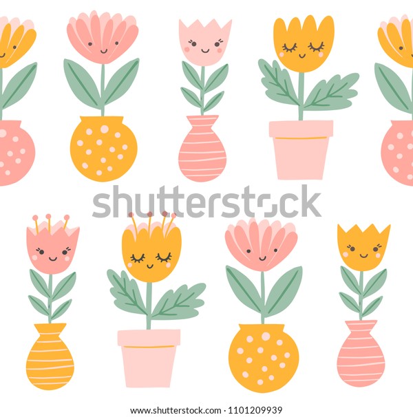 Spring Vector Pattern Cute Flowers Vases Stock Vector Royalty