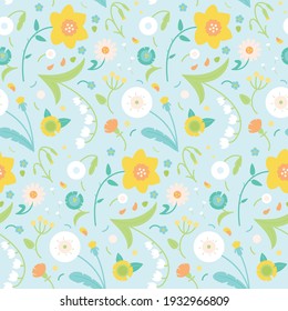 Spring vector pattern. Delicate primroses, dandelions, lilies of the valley, daffodils in the pastel color palette.