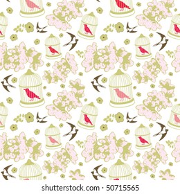 Spring vector pattern with  flowers and bird cage