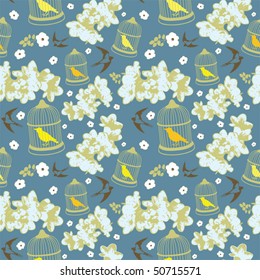 Spring vector pattern with  flowers and bird cage