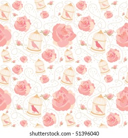 Spring vector pattern with rose and bird cage