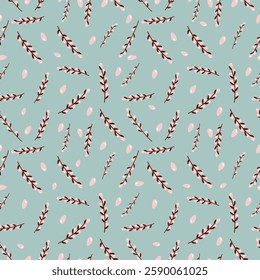 Spring vector pattern with rose willow branches. Endless vector texture on blue background. For home textile, wrapping paper, wall paper, fabric print, Easter decor