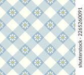 Spring vector pattern with small daisy flowers in blue, yellow, off white. Seamless geometric floral gingham vichy tartan check plaid for dress, scarf, skirt, picnic tablecloth, other fabric design.