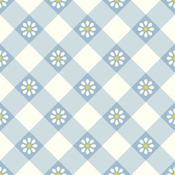 Spring Vector Pattern With Small Daisy Flowers In Blue, Yellow, Off White. Seamless Geometric Floral Gingham Vichy Tartan Check Plaid For Dress, Scarf, Skirt, Picnic Tablecloth, Other Fabric Design.