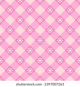 Spring vector pattern with small pink, white daisies. Seamless geometric pattern for dresses, scarves, skirts, picnic tablecloths, fabric designs.