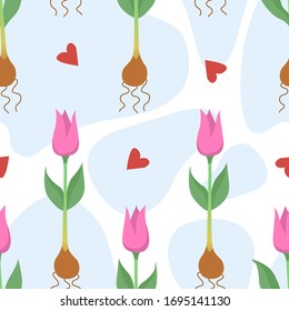 spring vector pattern with tulips and hearts