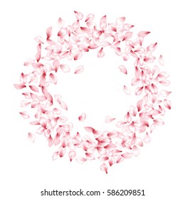 Spring vector pink flower petals round frame - greeting card, invitation, poster or banner template. Text place, white background. Blossom elements circle, march and april holidays decoration, wreath.