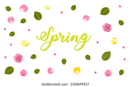 Spring vector pink and yellow rose petals, leaves, small hearts top view style in white background for greeting card, posters, banners, sale design, web and print marketing. Nature inspired Design.