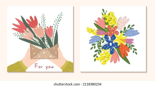 Spring vector postcard. Bouquet of flowers.Drawings for a postcard, poster, banner or social media post. Square postcards