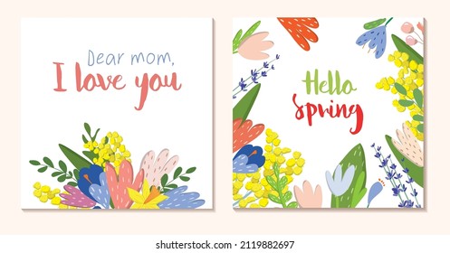 Frühlingsvektorkarte. Bouquet der Blumen.Zeichnungen für eine Postkarte, Poster, Banner oder Social Media-Post. Quadratische Postkarten. Muttertag. Ich liebe dich. Hallo Frühling