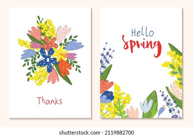 Spring vector postcard. Bouquet of flowers.Drawings for a postcard, poster, banner or social media post. Square postcards. Womens Day. Hello Spring