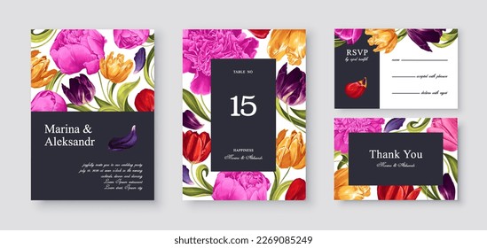 Spring, vector postcard set Save The Date, poster, template for banner ads, place for text, social media posts. Greeting or invitation card design with flowers of colorful tulips and pink peonies.