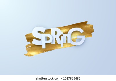 Spring. Vector realistic 3d illustration. Paper cut spring banner. Cutout letters on golden paint background. Trendy typographic poster design.