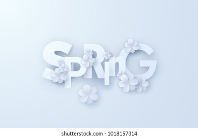 Spring. Vector realistic 3d illustration. Paper cut spring banner. Cutout letters with paper flowers on white background. Trendy typographic poster design. Origami style