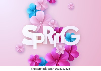 Spring. Vector realistic 3d illustration. Paper cut spring banner. Cutout letters with colorful paper flower garland on soft pink background. Trendy typographic poster design. Origami style