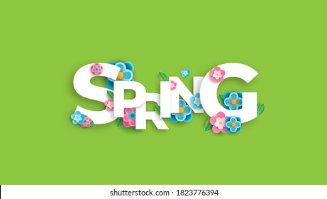 Spring. Vector realistic 3d illustration. Paper cut spring banner. Cutout letters with colorful paper flowers on green background. Trendy typographic poster design.