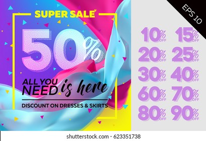 Spring Vector Sale Template with Flying Silk on Colorful Background. Bright Shopping Advertising. Design for Cloth Shop, Fabric Store, Web Banner, Pop-Up, Poster, Flyer.