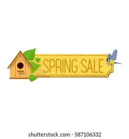 Spring vector sales banner with wooden birdhouses. Web graphics, banners, greeting card, ad, promotion, poster, flier, blog, article, social media marketing Isolated on a white background