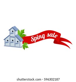 Spring vector sales banner with wooden birdhouses. Web graphics, banners, greeting card, ad, promotion, poster, flier, blog, article, social media marketing Isolated on a white background