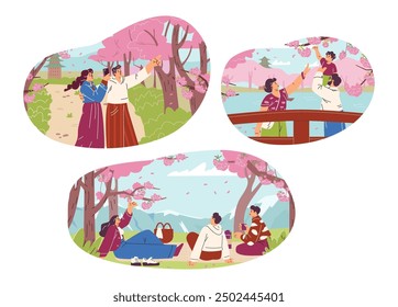 A spring vector scene with family, friends and a young couple admiring the cherry blossom. Cartoon characters under the blooming trees in the park, rejoicing at hanami.