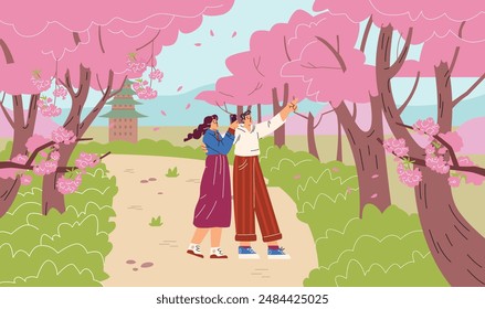 A spring vector scene with a young couple photographing sakura flowers, happy hanami. A girl and a guy under flowering trees in a Japanese garden.