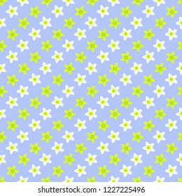 Spring vector seamless pattern with daffodils and green flowers on the blue background for wrapper, bed linen, curtains, pillows, other home textile and women's clothing