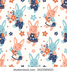 Spring vector seamless pattern. Happy Easter background. Cute bunnies with flowers and carrots. Happy rabbit's Easter party. Adorable holiday backdrop.