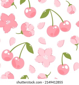 Spring vector seamless pattern with sakura and cherry fruits