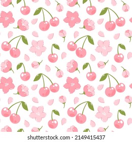 Spring vector seamless pattern with sakura and cherry fruits