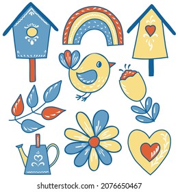 Spring vector set of icons. A bird, a rainbow, houses.For a good mood, stickers, design.