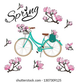 Spring vector set of isolated magnolia flowers, bicycle, calligraphy vector handwriting  