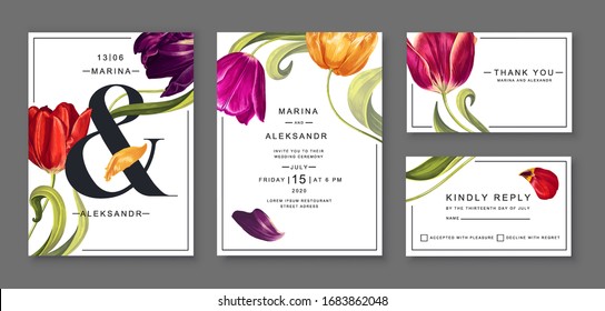 Spring, vector set of Save The Date cards or poster, template for sale banners. Greeting or invitation card design with tulips flowers, leaves and petals in realistic style with high details. 