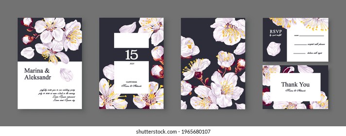 Spring vector set save the date template wedding invitation, greeting card, posters social media banner, advertisement. Realistic apricot flowers, branches, petals on dark background for your design