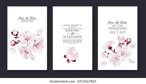 Spring, vector set of Save The Date cards, poster, template for banner ads, place for text, social media posts. Greeting card or invitation design with flowers cherry blossoms, blossoming fruit trees