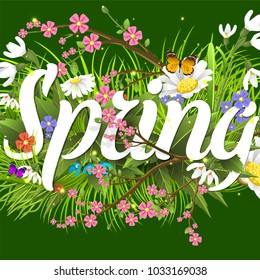 Spring vector text lettering background with flower floral green text letter ornament beautiful calligraphy flower hello Spring is coming poster illustration.
