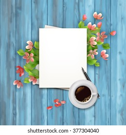 Spring Vector Top View Background. Blank paper sheet with cup of coffee, pen,cherry blossom flowers on wooden table 