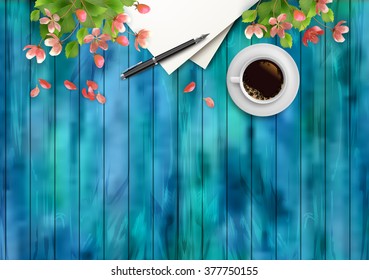 Spring Vector Top View Background. Blank paper sheet with cup of coffee, pen,cherry blossom flowers on wooden table 