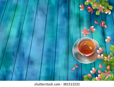 Spring Vector Top View Background. Cup of tea, cherry blossom flowers with fallen petals on wooden table 