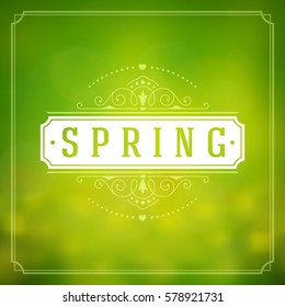 Spring Vector Typographic Greeting Card or Poster Design. Beautiful Blurred Lights with Bokeh and Flower Field. Spring Badge vector illustration.