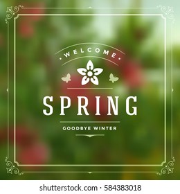 Spring Vector Typographic Greeting Card or Poster Design. Beautiful Blurred Lights with Bokeh. Spring Badge vector illustration.