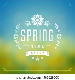 Spring Vector Typographic Greeting Card or Poster Design. Beautiful Blurred Lights with Bokeh and Flower Field. Spring Badge vector illustration.