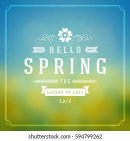 Spring Vector Typographic Greeting Card or Poster Design. Beautiful Blurred Lights with Bokeh and Flower Field. Spring Badge vector illustration.